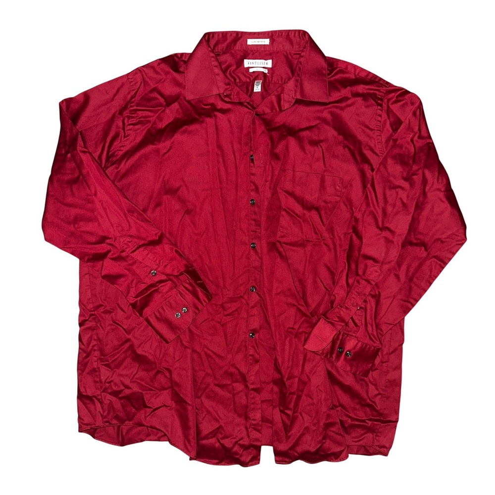 Van Heusen Lux Sateen Red Dress Shirt Big 18 34/35 Wrinkle Free Long Sleeve